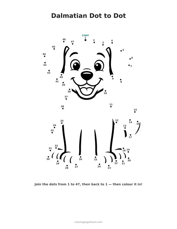 Dalmatian Dot to Dot printable page — Happy Puppy Sitting Down