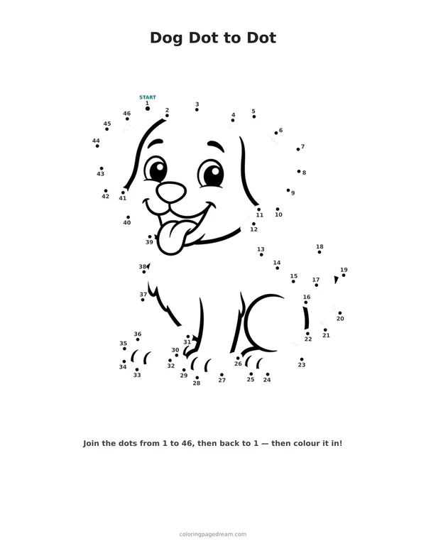Dog Dot to Dot printable page — Sitting with Tongue Out