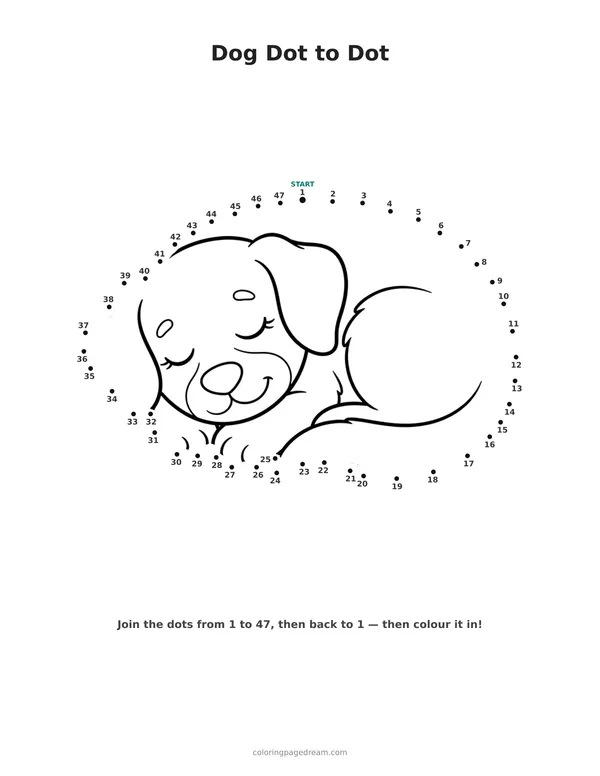 Dog Dot to Dot printable page — Sleeping in a Ball