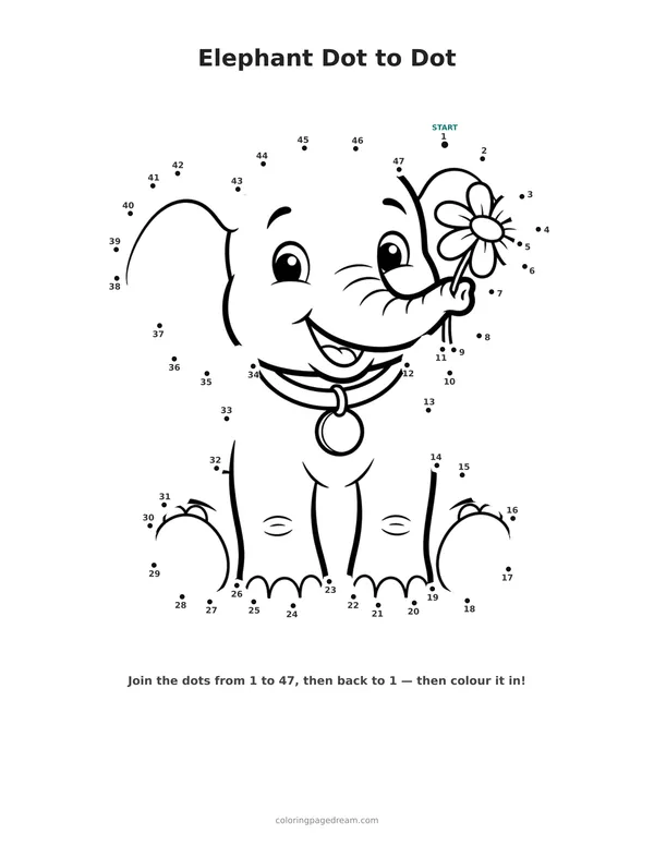 Elephant Dot to Dot printable page — Sitting With a Flower
