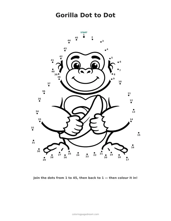 Gorilla Dot to Dot printable page — Friendly Baby Eating a Banana