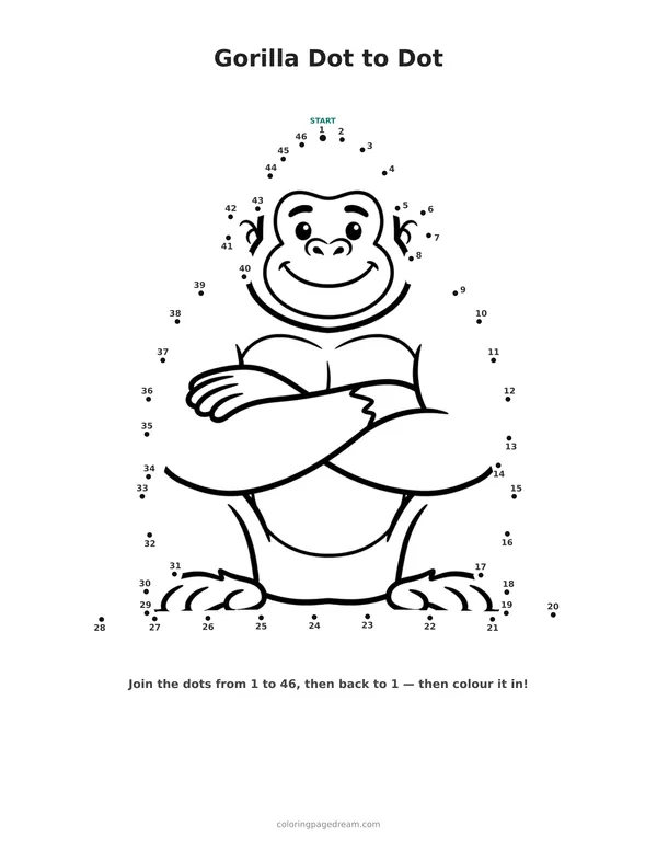 Gorilla Dot to Dot printable page — Smiling With Arms Crossed