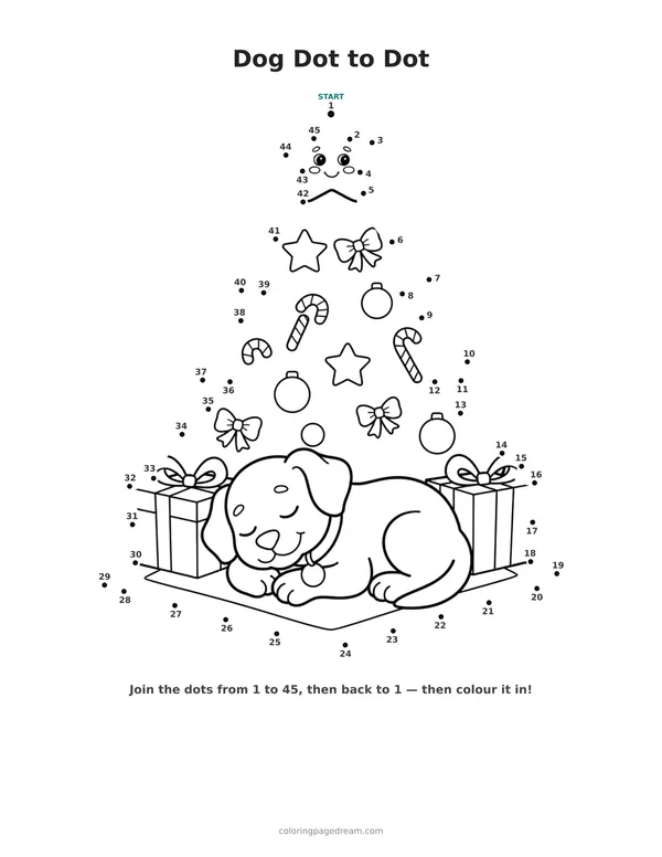 Dog Dot to Dot printable page — Sleeping Under Christmas Tree