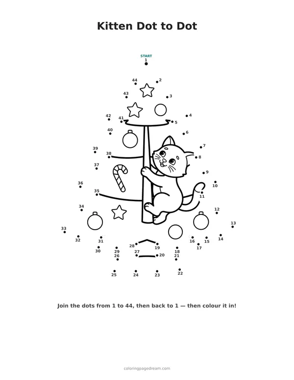 Kitten Dot to Dot printable page — Climbing a Decorated Christmas Tree