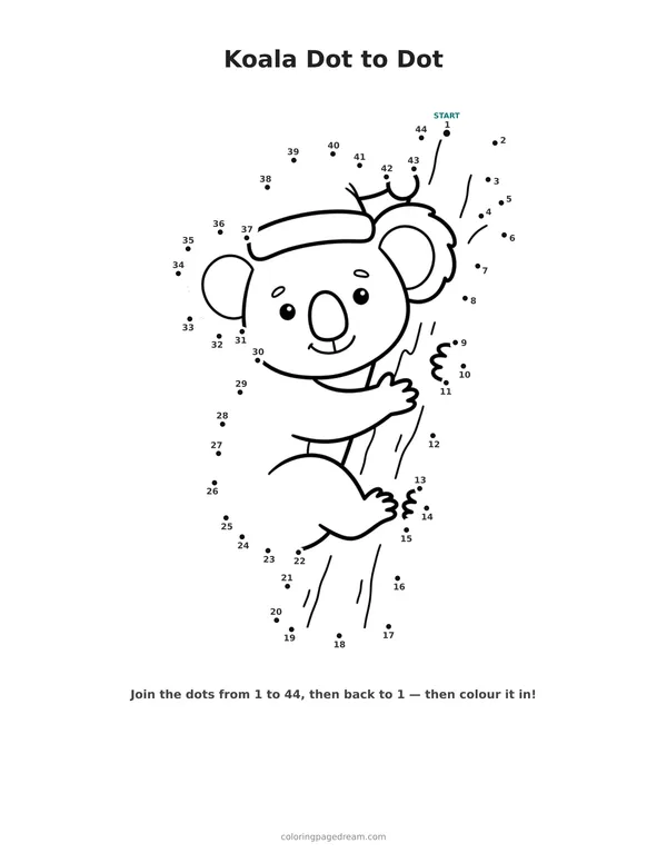 Koala Dot to Dot printable page — Wearing a Santa Hat