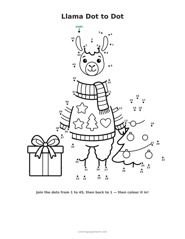 Llama Dot to Dot printable page — Wearing a Christmas Sweater and Scarf