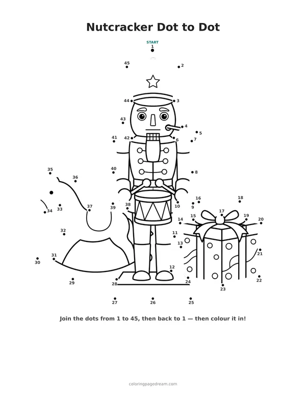 Nutcracker Dot to Dot printable page — Standing With Drum and Toys
