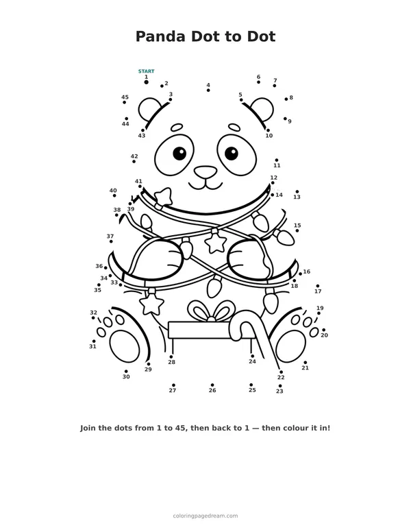 Panda Dot to Dot printable page — Wrapped in Christmas Lights