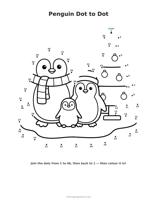 Penguin Dot to Dot printable page — Family by a Christmas Tree on the Ice