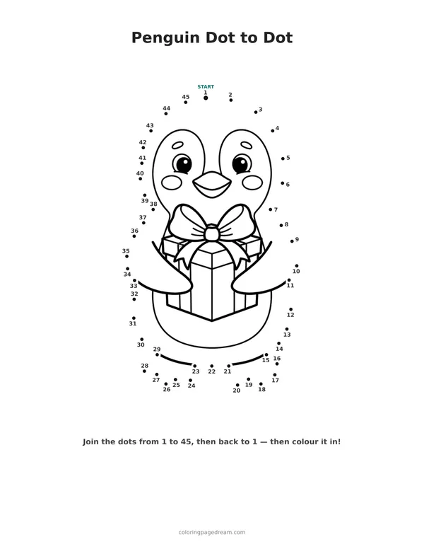 Penguin Dot to Dot printable page — Holding a Wrapped Present on Snow