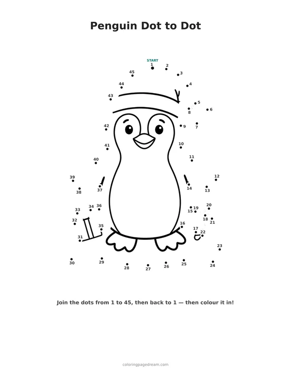 Penguin Dot to Dot printable page — Wearing a Santa Hat with a Candy Cane