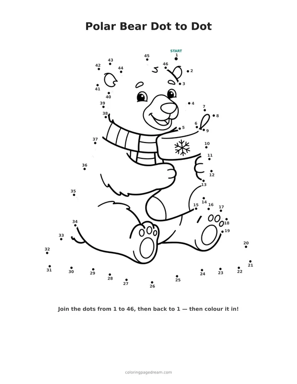 Polar Bear Dot to Dot printable page — Holding a Holiday Stocking