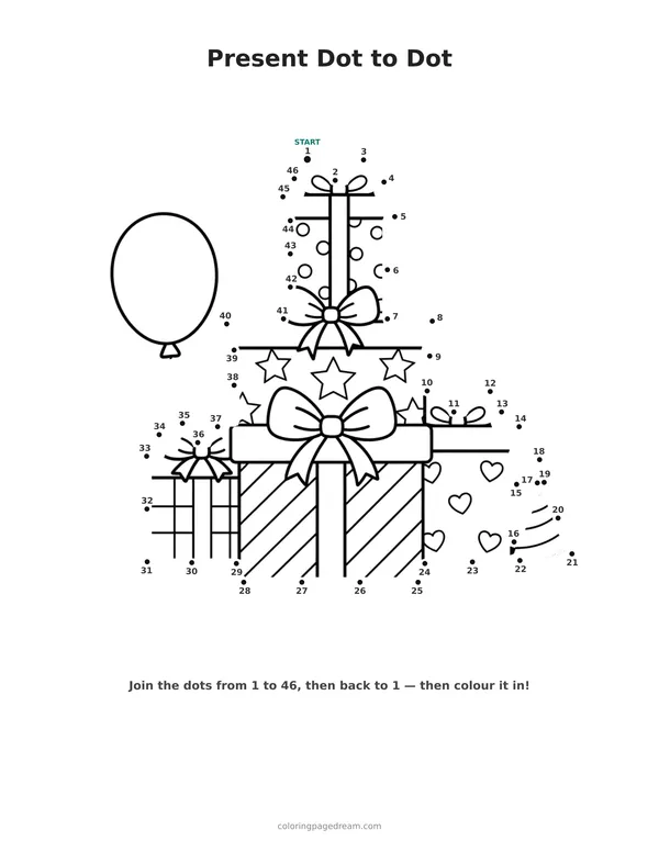 Present Dot to Dot printable page — Stacked With Bows and Ribbons