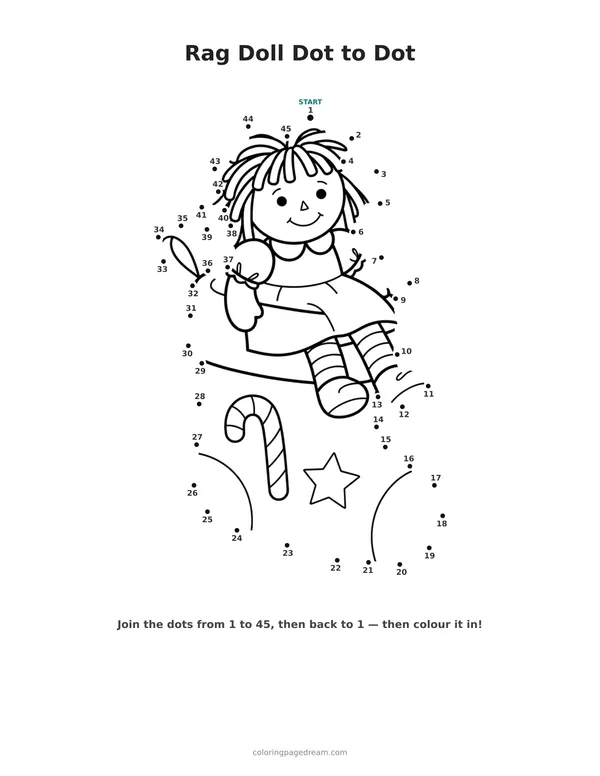 Rag Doll Dot to Dot printable page — Sitting in a Stocking