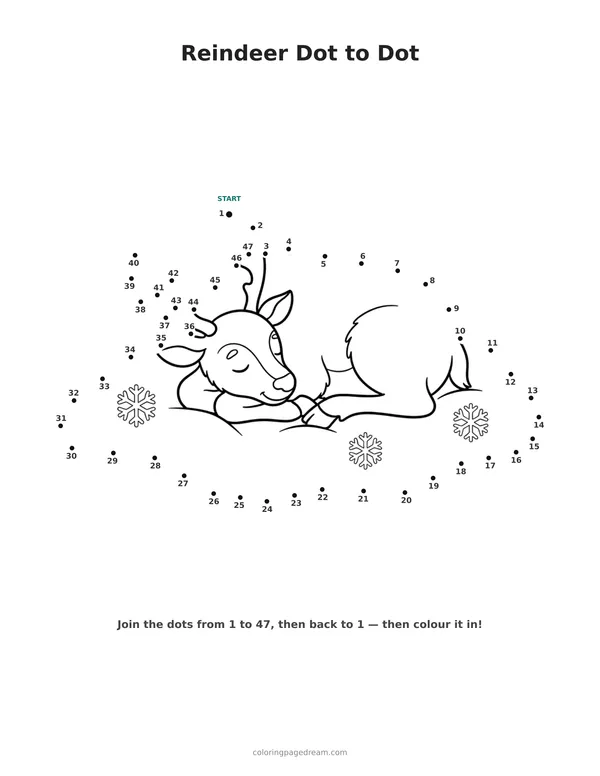 Reindeer Dot to Dot printable page — Sleeping Curled Up in the Snow