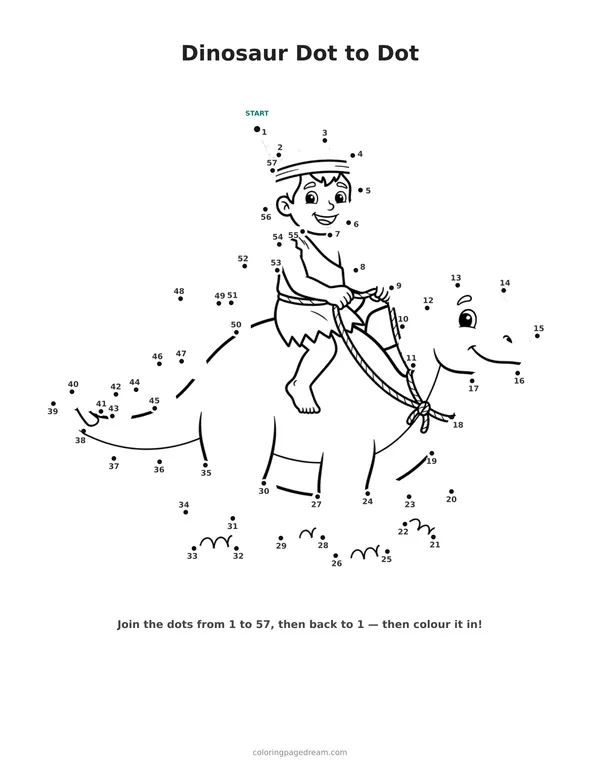 Dinosaur Dot to Dot printable page — Cave Boy Riding Stegosaurus