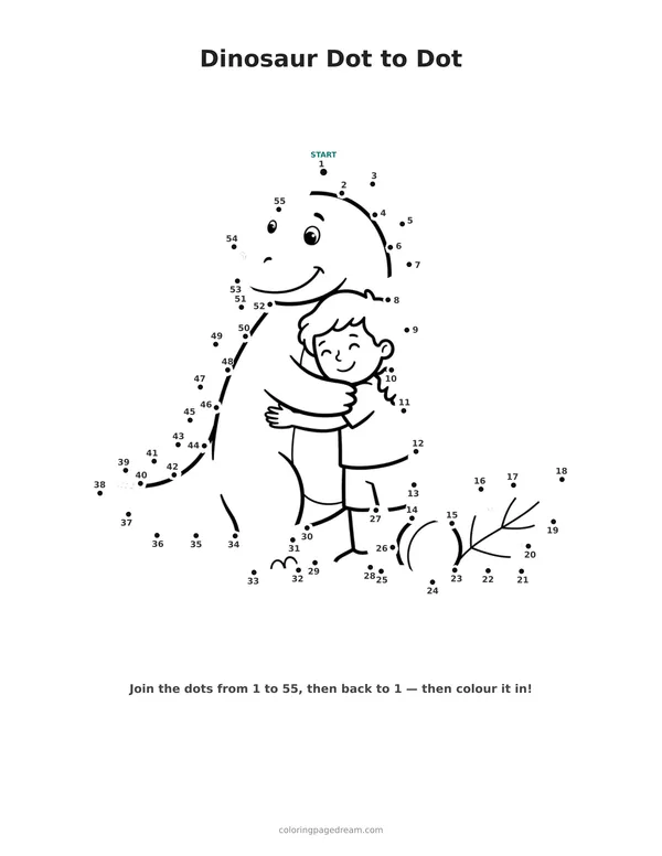 Dinosaur Dot to Dot printable page — Friendly Dinosaur Hugging a Child