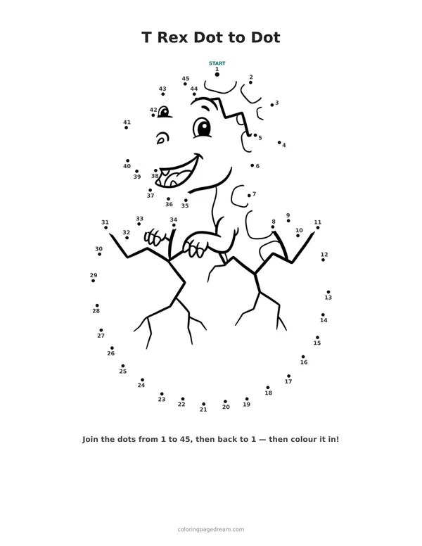 T Rex Dot to Dot printable page — Hatching From A Cracked Egg