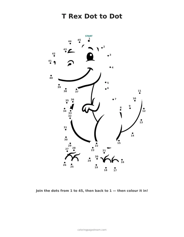 T Rex Dot to Dot printable page — Smiling With Tiny Arms