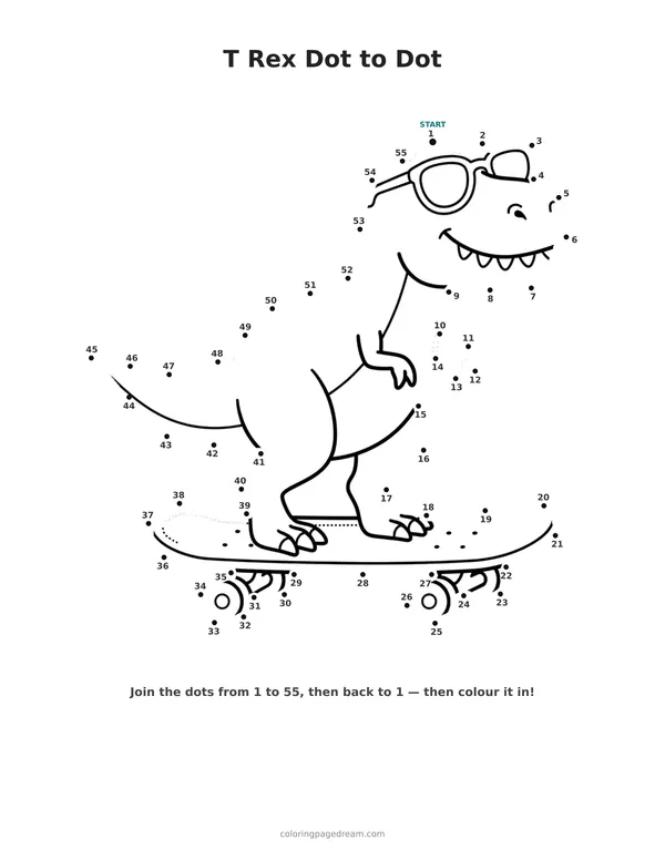 T Rex Dot to Dot printable page — Wearing Sunglasses on a Skateboard