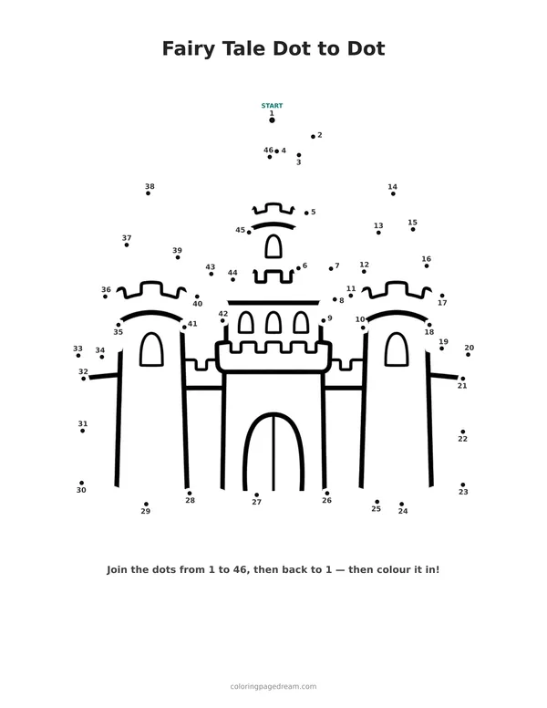 Fairy Tale Dot to Dot printable page — with Tall Towers and Flag