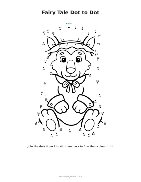Fairy Tale Dot to Dot printable page — Wearing a Grandma Nightcap