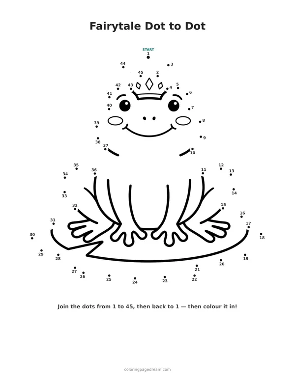 Fairytale Dot to Dot printable page — Wearing a Crown on a Lily Pad