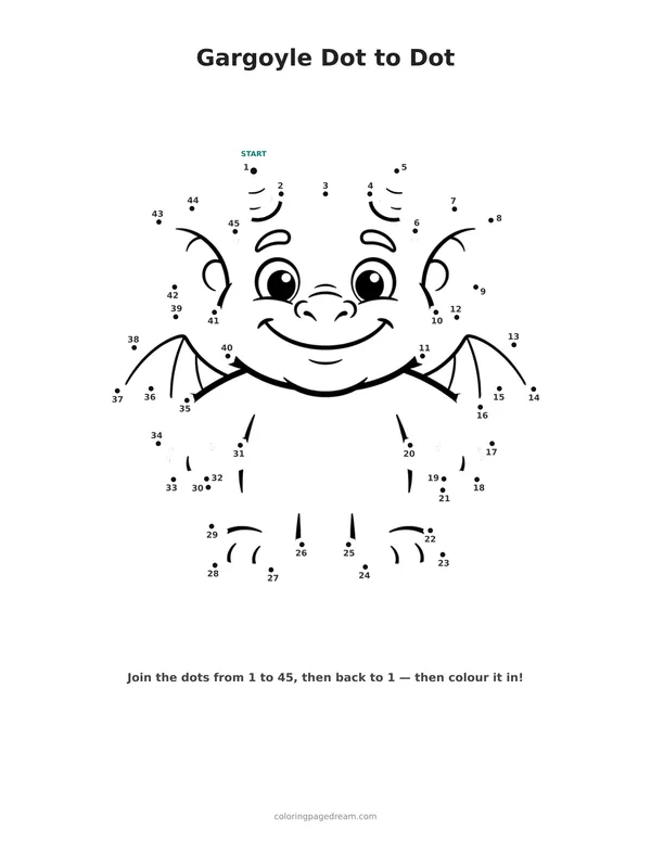 Gargoyle Dot to Dot printable page — Friendly Smiling with Little Wings