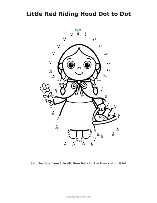 Little Red Riding Hood Dot to Dot printable page — Holding a Flower and Basket