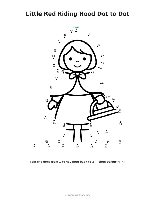 Little Red Riding Hood Dot to Dot printable page — Holding a Basket