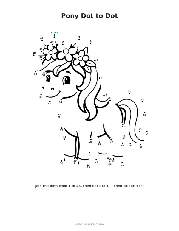 Pony Dot to Dot printable page — Wearing a Flower Crown