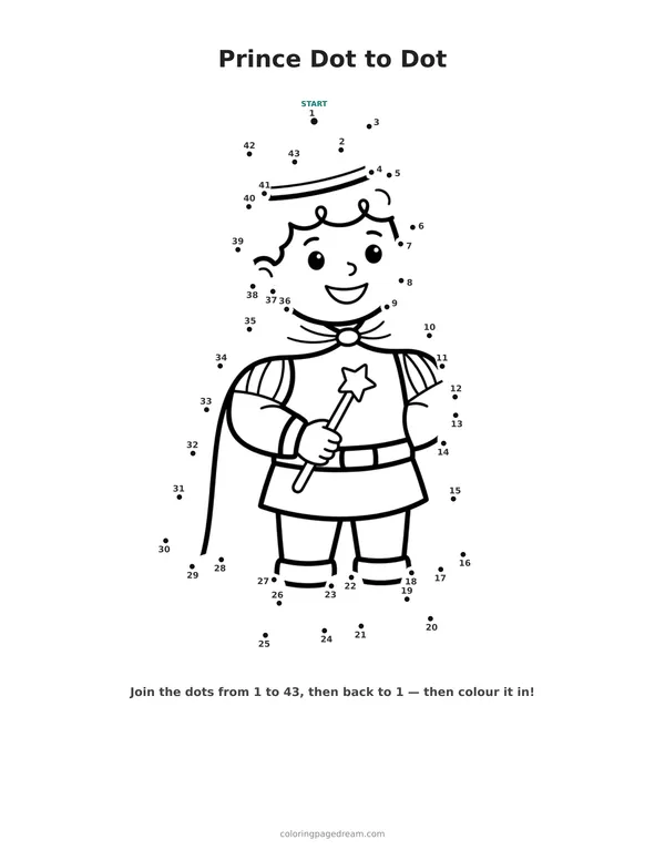 Prince Dot to Dot printable page — Wearing a Crown and Cape