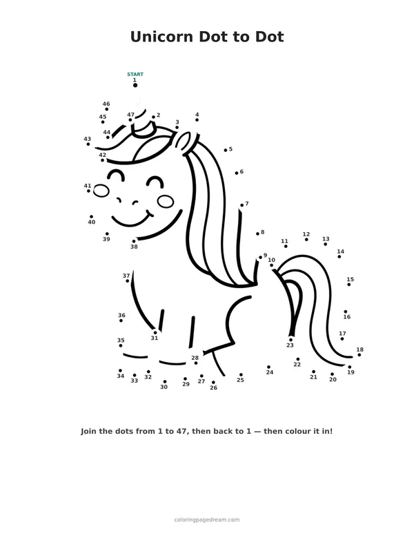 Unicorn Dot to Dot printable page — Sitting with a Flowing Mane