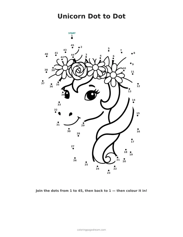 Unicorn Dot to Dot printable page — Wearing a Flower Crown