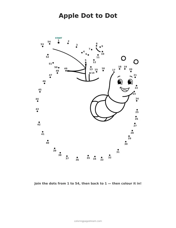 Apple Dot to Dot printable page — Worm Peeking Out