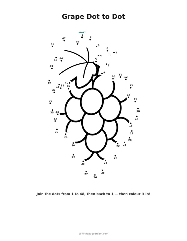 Grape Dot to Dot printable page — bunch with a leaf