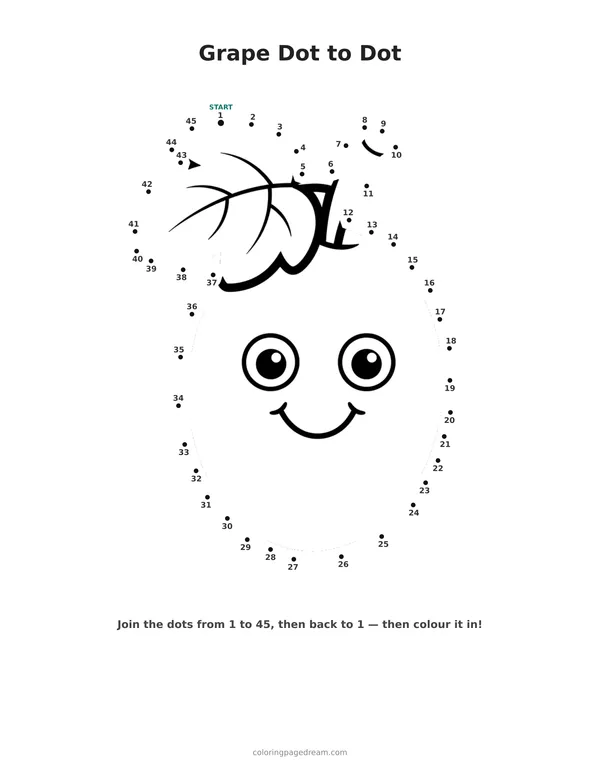 Grape Dot to Dot printable page — Cute Smiling Fruit with Leaf