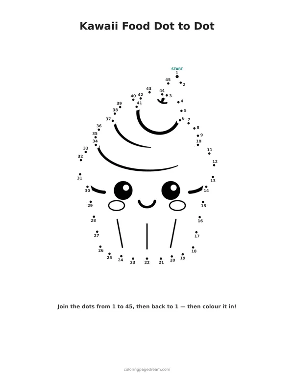 Kawaii Food Dot to Dot printable page — Kawaii Face and Cherry on Top
