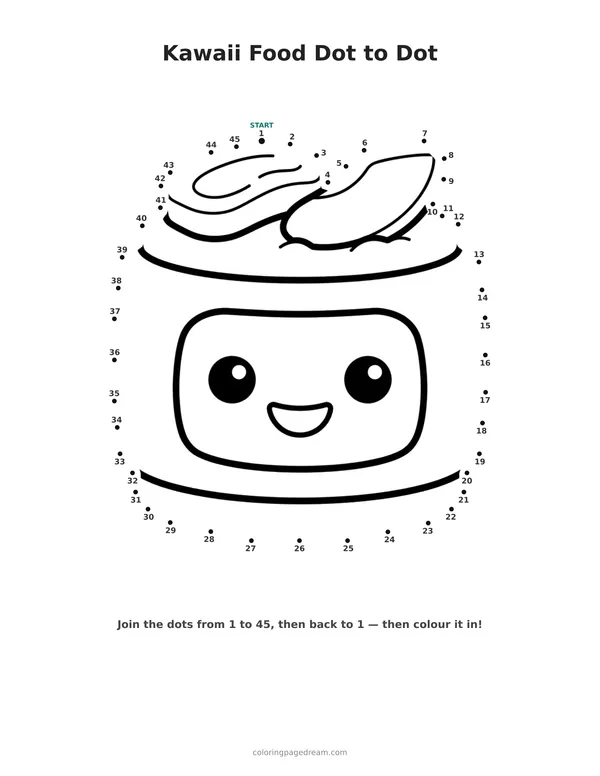 Kawaii Food Dot to Dot printable page — Kawaii Roll with Cute Face