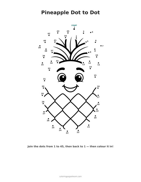 Pineapple Dot to Dot printable page — Friendly Face With Big Leaves
