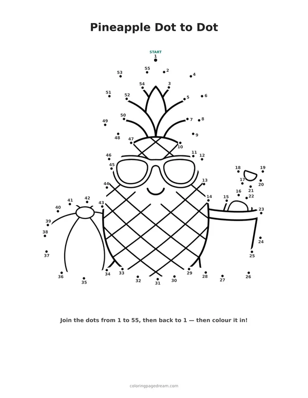 Pineapple Dot to Dot printable page — Wearing Sunglasses on the Beach