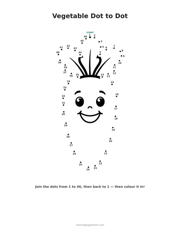 Vegetable Dot to Dot printable page — Friendly Face and Leafy Top