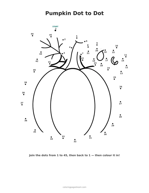 Pumpkin Dot to Dot printable page — With a Curly Vine and One Leaf