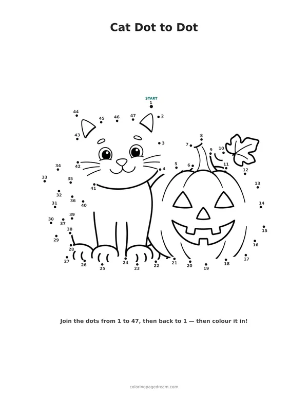 Cat Dot to Dot printable page — Sitting Beside a Pumpkin