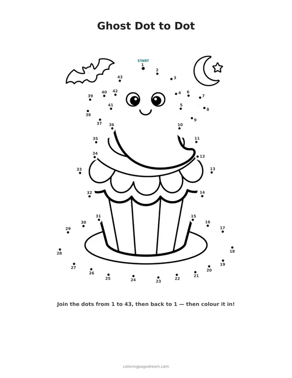 Ghost Dot to Dot printable page — Sitting on Top of a Cupcake