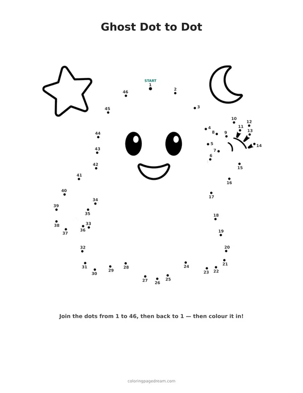 Ghost Dot to Dot printable page — Waving Hello Under a Moon