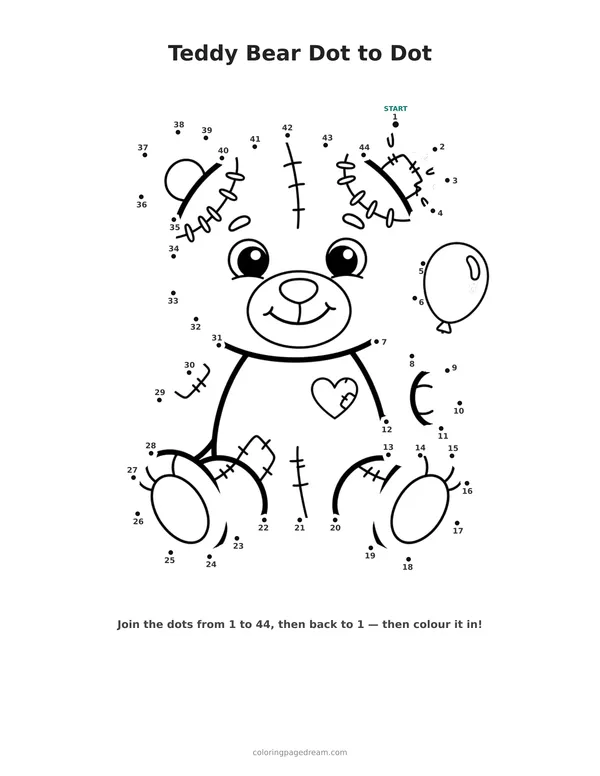Teddy Bear Dot to Dot printable page — Zombie With a Patched Ear