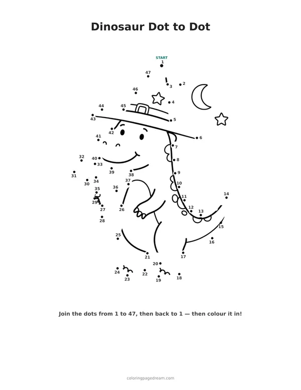Dinosaur Dot to Dot printable page — Wearing a Witch Hat