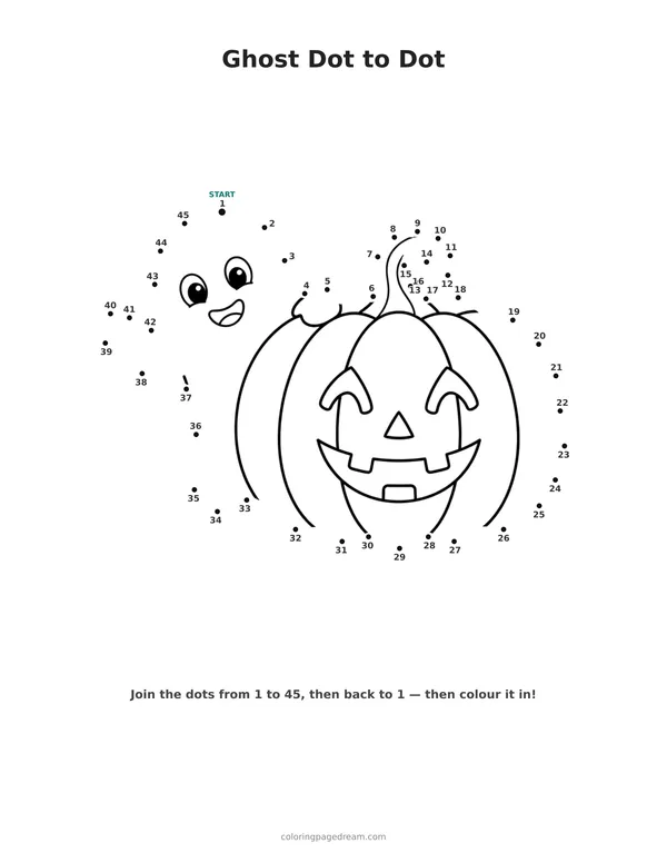 Ghost Dot to Dot printable page — Peeking Behind a Pumpkin