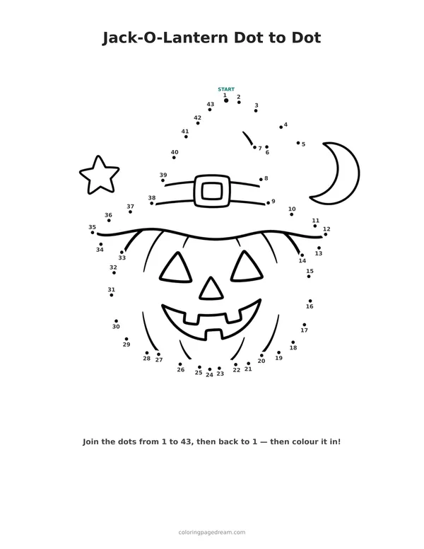 Jack-O-Lantern Dot to Dot printable page — Wearing a Witch Hat